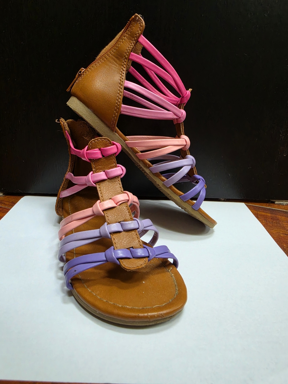 Justice Brown Sandals with Pink, Light Pink and Purple Straps